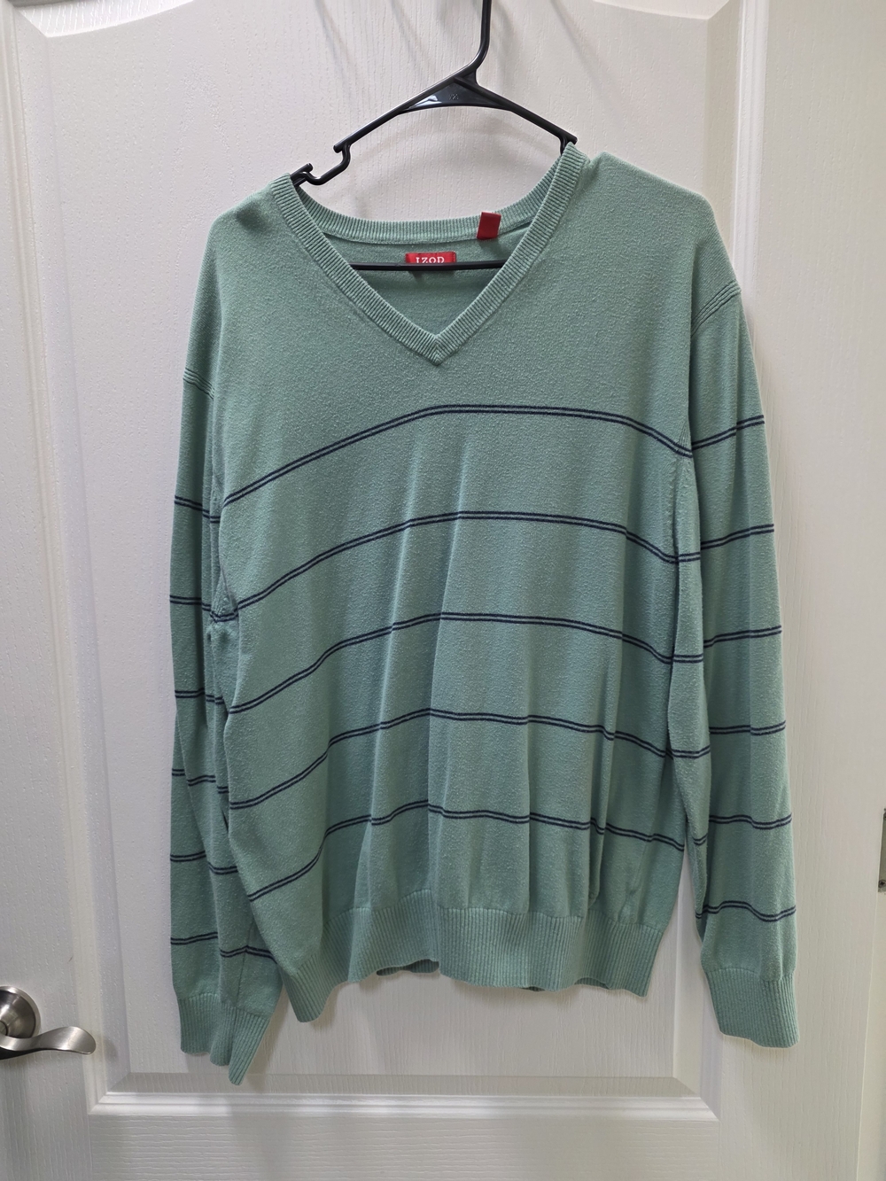 Izod V-Neck Mint Green Sweater with Navy Stripes